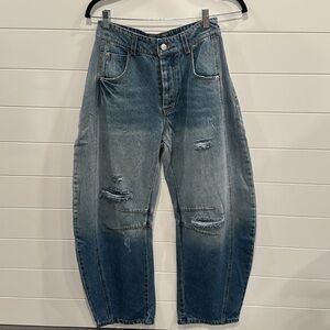 So Me Relaxed Fit Distressed Barrel Blue Jeans